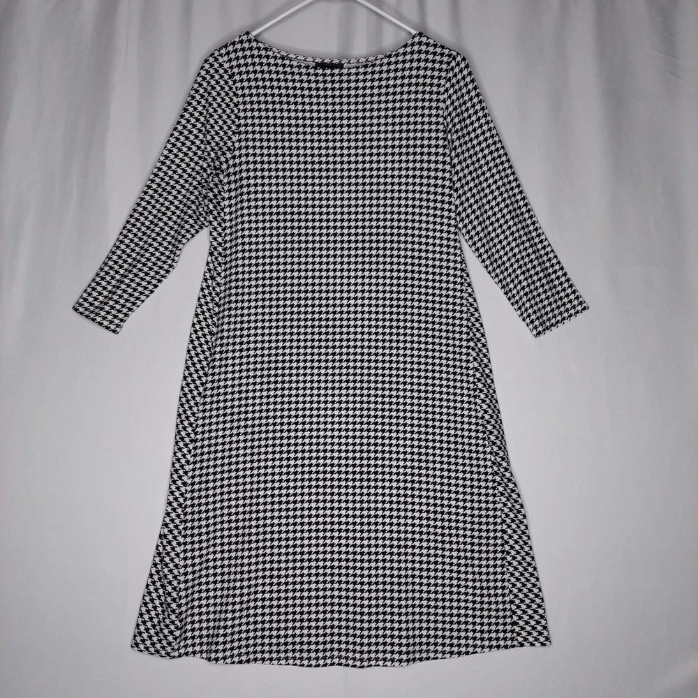 J Jill Houndstooth Midi Dress XS Black Ponte Business Boat Neck 3/4‎ Sleeve